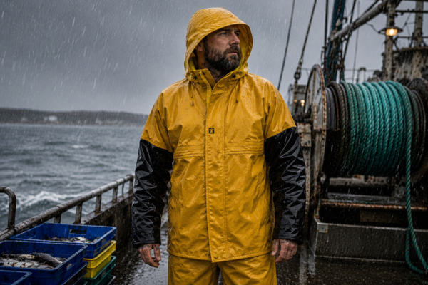 Un ciré professionnel en PVC porté sur le pont d’un bateau de pêche sous une pluie continue.